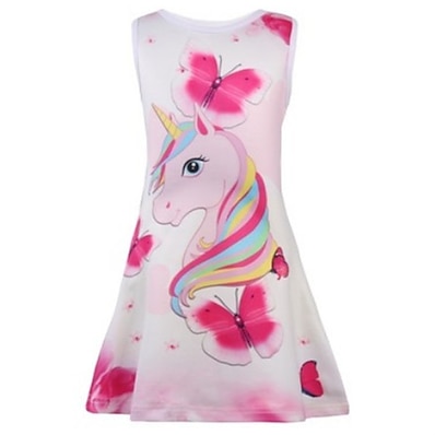 cheap Girls&#039; Clothing-Kids Little Girls&#039; Dress Cartoon Animal Unicorn Tank Dress Print Blushing Pink Knee-length Sleeveless Sweet Dresses Regular Fit