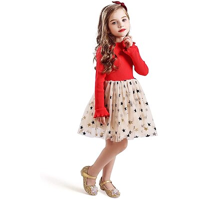 cheap Girls&#039; Clothing-Kids Little Girls&#039; Dress Sequin Casual Daily Tulle Dress Sequins Mesh Black Red Yellow Midi Long Sleeve Cute Dresses Fall Winter Regular Fit 2-8 Years