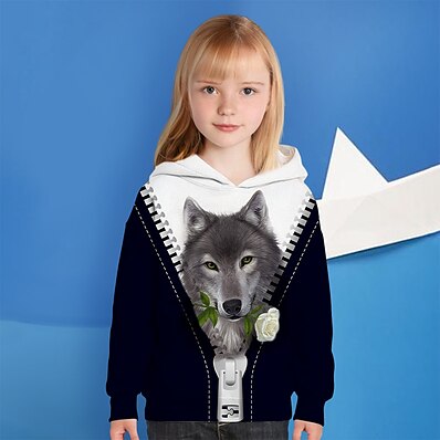 cheap Girls&#039; Clothing-Kids Girls&#039; Hoodie &amp; Sweatshirt Long Sleeve Dog Graphic 3D Animal Print Navy Blue Children Tops Active