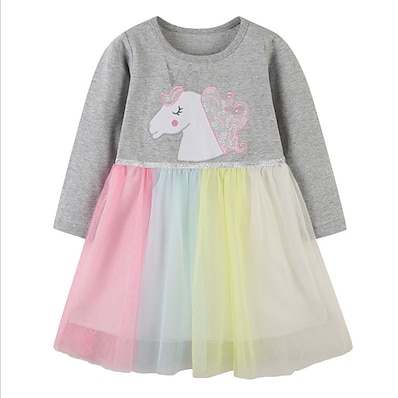 cheap Girls&#039; Clothing-Kids Little Girls&#039; Dress Rainbow Unicorn Daily Tulle Dress Mesh Multicolor Knee-length Cotton Long Sleeve Princess Cute Dresses Fall 2-8 Years