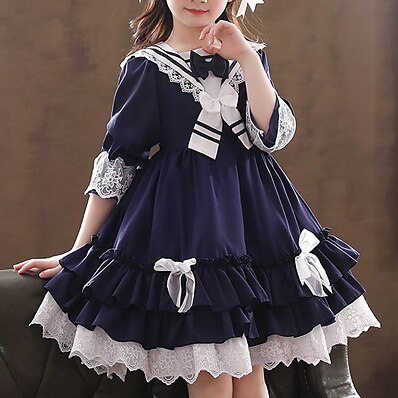 cheap Girls&#039; Clothing-Kids Little Girls&#039; Dress Patchwork Birthday Ruffle Patchwork Lace Trims Blue Red Knee-length 3/4 Length Sleeve Princess Sweet Dresses Fall Winter Regular Fit 3-12 Years / Spring / Bow