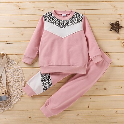 cheap Girls&#039; Clothing-Kids Girls&#039; Clothing Set Long Sleeve 2 Pieces Pink Print Leopard Casual Daily Cotton Regular Cute Sweet 3-8 Years Maxi / Fall