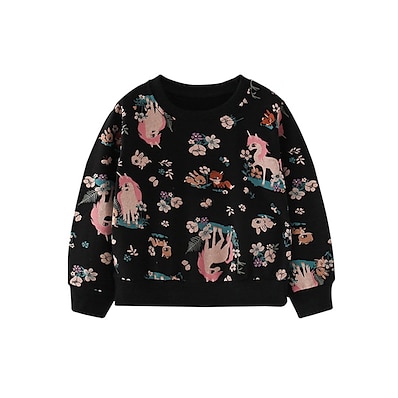 cheap Girls&#039; Clothing-Kids Girls&#039; Sweatshirt Long Sleeve Black Floral Cartoon Unicorn Daily Outdoor Cotton Active Basic 2-8 Years / Fall / Spring