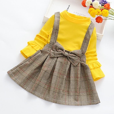 cheap Girls&#039; Clothing-Kids Girls&#039; T-shirt &amp; Skirt Long Sleeve 2 Pieces Black Pink Yellow Bow Plaid Daily Cotton Regular Active Sweet 3-8 Years / Fall / Spring