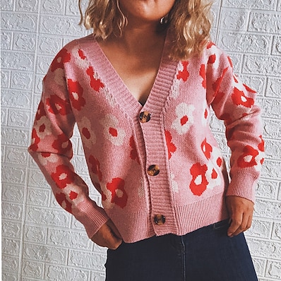 cheap Knit Tops-Women&#039;s Cardigan Floral Floral Knitted Casual Long Sleeve Regular Fit Sweater Cardigans Fall Winter V Neck Blue Blushing Pink Orange