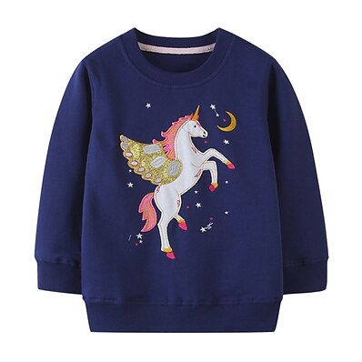 cheap Girls&#039; Clothing-Kids Girls&#039; Sweatshirt Long Sleeve Dusty Blue Cartoon Unicorn Animal Indoor Outdoor Cotton Basic Cute 3-8 Years / Fall / Spring