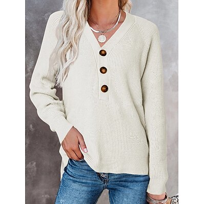 cheap Knit Tops-Women&#039;s Sweater Solid Color Knitted Casual Long Sleeve Loose Sweater Cardigans Fall Winter V Neck Light Blue Cai Lan Purple