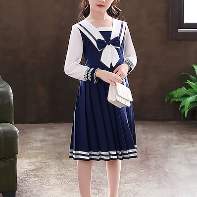 cheap Girls&#039; Clothing-Kids Little Girls&#039; Dress Butterfly School Daily Pleated Bow Blue Red Knee-length Cotton Long Sleeve Princess Sweet Dresses Fall Winter Back to School Regular Fit 3-12 Years