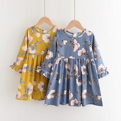 cheap Girls&#039; Clothing-Kids Little Girls&#039; Dress Flower Daily Print Blue Yellow Above Knee Cotton Long Sleeve Cute Dresses Fall Spring Regular Fit 3-10 Years