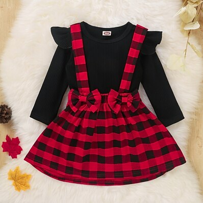 cheap Girls&#039; Clothing-Toddler Little Girls&#039; Dress Plaid Casual Daily Strap Dress Bow Red Above Knee Cotton Long Sleeve Princess Cute Dresses Fall Regular Fit 1-4 Years