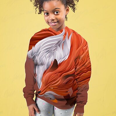 cheap Girls&#039; Clothing-Kids Girls&#039; Hoodie Long Sleeve Fox Animal 3D Print Red Children Tops Active Fall Regular Fit 4-12 Years