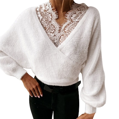 cheap Knit Tops-Women&#039;s Pullover Sweater Jumper Solid Color Knitted Lace Trims Stylish Casual Soft Long Sleeve Regular Fit Sweater Cardigans Fall Winter V Neck Light Brown White