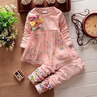 cheap Kids-Kids Girls&#039; Clothing Set Long Sleeve 2 Pieces Green Pink Red Ruched Print Print Casual Daily Cotton Regular Basic Cute 2-8 Years Maxi / Winter