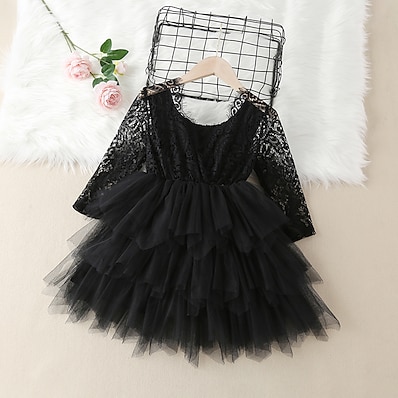 cheap Girls&#039; Clothing-Kids Little Girls&#039; Dress Flower Special Occasion Performance Tulle Dress Mesh Lace Black Knee-length 3/4 Length Sleeve Dresses Fall Winter Regular Fit 2-6 Years / Spring