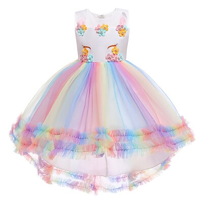 cheap Girls&#039; Clothing-Kids Little Girls&#039; Dress Unicorn Party Special Occasion Mesh Blushing Pink White Asymmetrical Sleeveless Princess Cute Dresses Fall Spring Children&#039;s Day Slim 3-12 Years / Summer