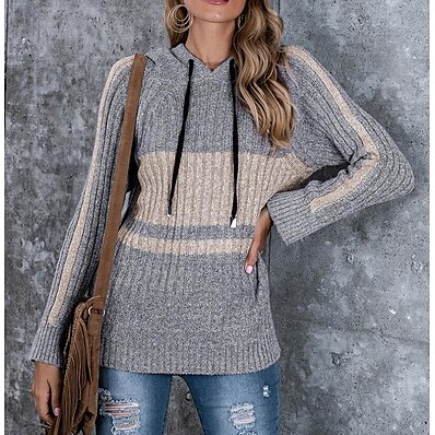 cheap Knit Tops-Women&#039;s Pullover Striped Knitted Elegant Long Sleeve Sweater Cardigans Fall Winter Hoodie Blue Grey