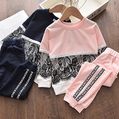 cheap Girls&#039; Clothing-Kids Girls&#039; Hoodie &amp; Pants Long Sleeve 2 Pieces Pink Navy Blue Lace Patchwork Letter Outdoor Regular Comfort Daily 3-6 Years / Fall / Spring