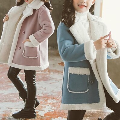 cheap Girls&#039; Clothing-Kids Girls&#039; Jacket &amp; Coat Blue Pink Solid Color Plush Fall Winter 3-13 Years / Cute