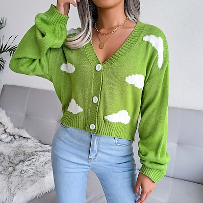 cheap Knit Tops-Women&#039;s Sweater Cardigan Clouds Knitted Vintage Style Elegant Long Sleeve Loose Sweater Cardigans Fall Winter V Neck Green Blue Pink