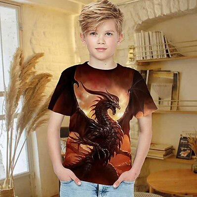 hesapli Erkek Çocuk Kıyafetleri-Çocuklar Genç Erkek T gömlek Kısa Kollu Kahverengi 3D Baskı Ejderha Hayvan Actif 4-12 Yıl / Yaz