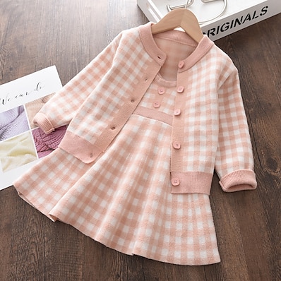 cheap Girls&#039; Clothing-Kids Toddler Girls&#039; Clothing Set Long Sleeve Sleeveless 2 Pieces Pink Yellow Plaid Regular Cute Sweet 2-8 Years / Fall / Winter / Spring