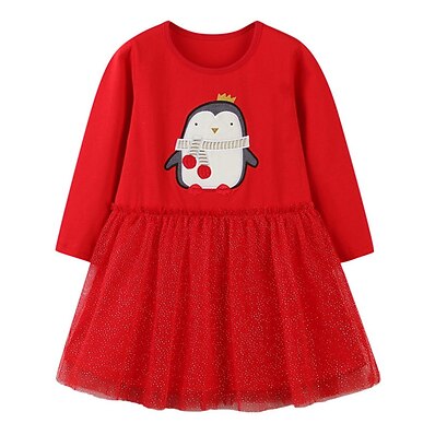 cheap Girls&#039; Clothing-Kids Little Girls&#039; Dress Animal Daily A Line Dress Ruched Red Knee-length Cotton Long Sleeve Princess Cute Dresses Fall Spring Regular Fit 2-8 Years