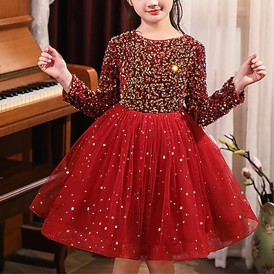 cheap Girls&#039; Clothing-Kids Little Girls&#039; Dress Sequin Party Performance Swing Dress Sequins Red Knee-length Cotton Long Sleeve Princess Sweet Dresses Fall Spring Children&#039;s Day Regular Fit 3-12 Years