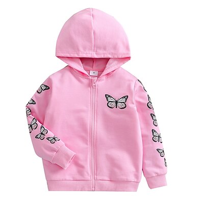 cheap Girls&#039; Clothing-Kids Girls&#039; Hoodie Long Sleeve Blushing Pink Cartoon Butterfly Solid Color Daily Cotton Basic Cool 2-8 Years / Fall