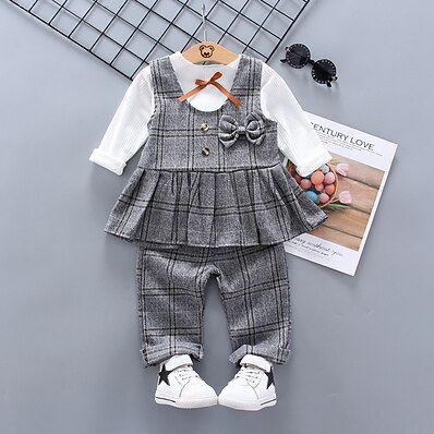 cheap Girls&#039; Clothing-Kids Girls&#039; Clothing Set Long Sleeve 3 Pieces Gray Brown Bow Plaid Street School Vacation Regular Active Casual Cute Sweet 1-5 Years / Fall / Winter