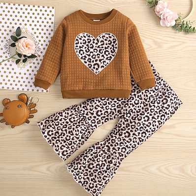 cheap Girls&#039; Clothing-Kids Girls&#039; Clothing Set Long Sleeve 2 Pieces Brown Print Print Heart Leopard Outdoor Cotton Regular Basic Sweet 2-8 Years / Fall / Spring