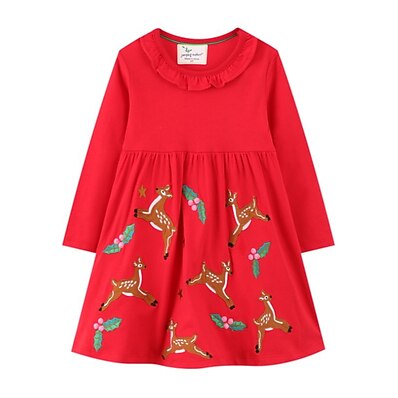 cheap Girls&#039; Clothing-Kids Little Girls&#039; Dress Floral Elk Animal Casual Daily A Line Dress Ruffle Print Red Midi Cotton Long Sleeve Basic Cute Dresses Fall Spring Regular Fit 2-8 Years