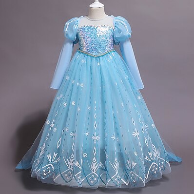 cheap Girls&#039; Clothing-Kids Little Girls&#039; Dress Sequin Snowflake Special Occasion Performance A Line Dress Sequins Sparkle Blue Midi Long Sleeve Princess Costume Dresses Fall Spring Halloween Slim