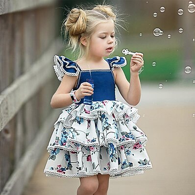 cheap Girls&#039; Clothing-Toddler Little Girls&#039; Dress Floral Daily Holiday A Line Dress Lace Trims Print Blue Knee-length Cotton Short Sleeve Casual Cute Dresses Fall Winter Regular Fit 1-5 Years