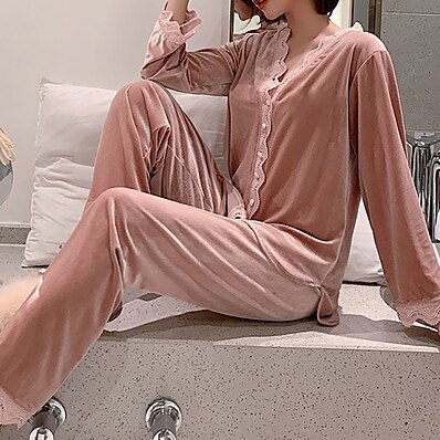 cheap Women&#039;s Sleep &amp; Lounge-Women&#039;s 1 set Pajamas Sets Simple Comfort Cute Pure Color Velvet Home Bed V Wire Warm Gift T shirt # Basic Pant Fall Winter White Black / Buckle / Sweet
