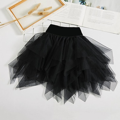 cheap Girls&#039; Clothing-Kids Girls&#039; Skirt Black Ruched Solid Colored Active Fall Spring 3-8 Years Casual / Above Knee / Pleated / Mesh / Cute