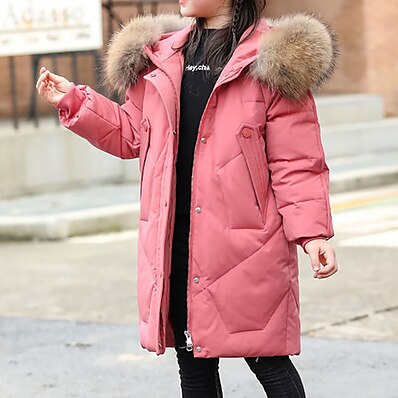 cheap Girls&#039; Jackets &amp; Coats-Kids Girls&#039; Long Sleeve Down Coat Black Pink Red Pocket Plain Active Fall Winter 5-13 Years Street / Basic / Cotton