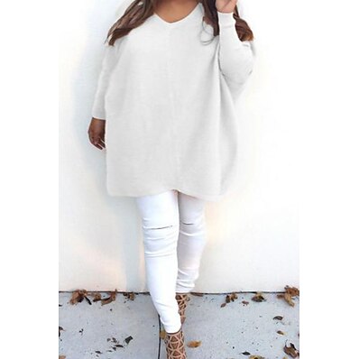 cheap Knit Tops-Women&#039;s Plus Size Tops Solid Color Long Sleeve Knitted Basic Casual V Neck Polyester Daily Fall Winter White Black / Sweater / Loose