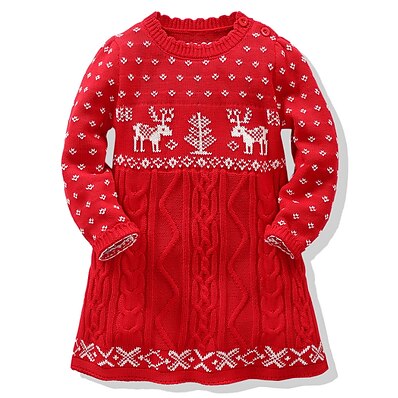 cheap Girls&#039; Clothing-Kids Little Girls&#039; Dress Elk Christmas pattern Trees Christmas Gifts Daily Vacation A Line Dress Red Knee-length Cotton Long Sleeve Cute Sweet Dresses Fall Winter Regular Fit 3-12 Years