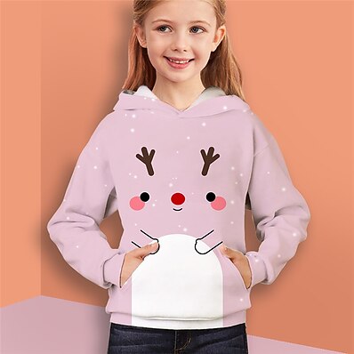 cheap Girls&#039; Clothing-Kids Girls&#039; Hoodie Long Sleeve Pink 3D Print Pocket Deer Christmas pattern Animal Christmas Gifts Daily Indoor Active Fashion Daily Sports 2-12 Years / Fall / Winter