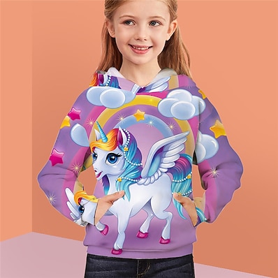 cheap Girls&#039; Clothing-Kids Girls&#039; Hoodie Long Sleeve 3D Print Pocket Unicorn Animal Rainbow Children Tops Active Fashion Daily Fall Winter Daily Indoor Outdoor Regular Fit 2-12 Years / Sports