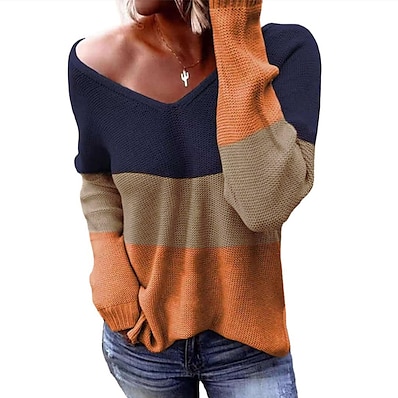 cheap Knit Tops-Women&#039;s Pullover Sweater Jumper Color Block Knitted Stylish Casual Soft Long Sleeve Sweater Cardigans Fall Winter V Neck Blue