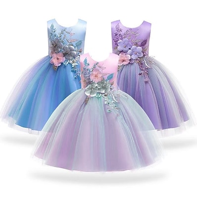 저렴한 여아 의류-아동 작은 여아 드레스 레이스 플로럴 파티 푸른 퍼플 블러슁 핑크 면 우아함 컬러풀 드레스 사계절 3 ~ 12 세