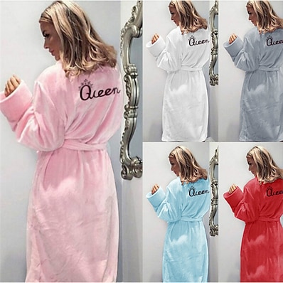 cheap Women&#039;s Sleep &amp; Lounge-Women&#039;s Plus Size 1 pc Pajamas Robes Gown Bathrobes Plush Simple Comfort Letter Fleece Home Daily Vacation V Wire Warm Gift Long Sleeve Lace up Fall Winter White Blue
