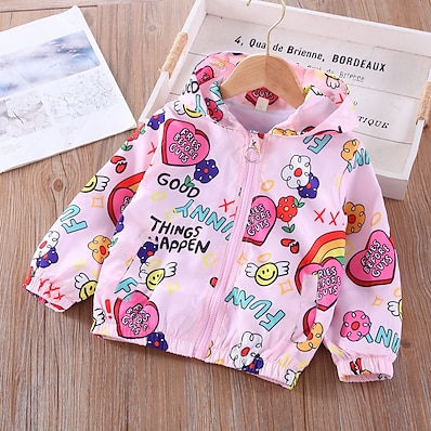 cheap Girls&#039; Clothing-Kids Girls&#039; Long Sleeve Jacket Coat Blue Pink Zipper Rainbow Letter Punk Fall Spring 2-9 Years Vacation / Toddler / Cotton