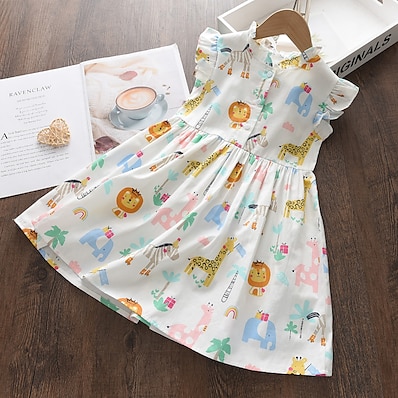cheap Girls&#039; Clothing-Kids Little Dress Girls&#039; Graphic Animal Print Multicolor White Sleeveless Cute Dresses Regular Fit