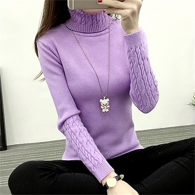 cheap Knit Tops-Women&#039;s Sweater Pullover Jumper Solid Color Knitted Stylish Basic Casual Long Sleeve Slim Sweater Cardigans Fall Winter Turtleneck Green White Black / Going out