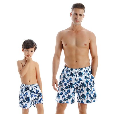 cheap Kids-Dad and Son Swimsuit Sports &amp; Outdoor Graphic Leaf Print Blue Casual Matching Outfits / Fall / Summer / Vacation