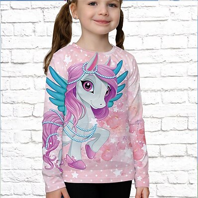 cheap Girls&#039; Tees &amp; Blouses-Kids Girls&#039; T shirt Long Sleeve 3D Print Unicorn Animal Pink Children Tops Active Fashion Daily Fall Spring Daily Indoor Outdoor Regular Fit 3-12 Years / Summer / Sports