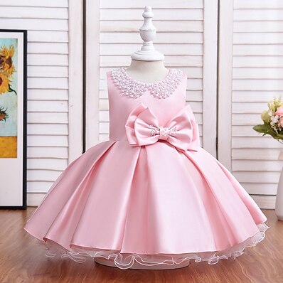 cheap Girls&#039; Clothing-Kids Little Girls&#039; Dress Solid Colored Party Christening dress A Line Dress Ruched Mesh Bow White Purple Pink Midi Sleeveless Princess Cute Dresses Fall Summer Regular Fit 2-8 Years