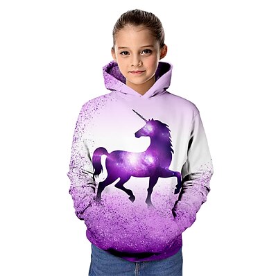 cheap Girls&#039; Clothing-Kids Girls&#039; Hoodie &amp; Sweatshirt Long Sleeve Purple Horse Print Graphic Unicorn 3D Animal Active Baby
